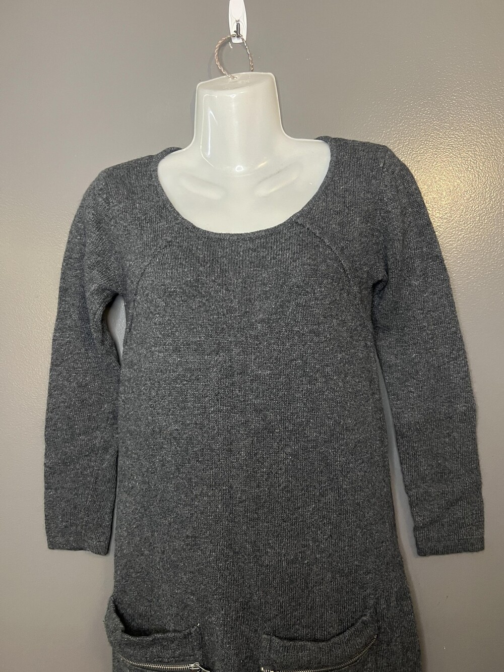 Zara Sweater Dress Womens Small Gray Knit Long Sleeve Zip Pockets Short